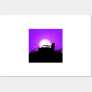 Classic Mini Sunset Surfboard Purple Posters and Art